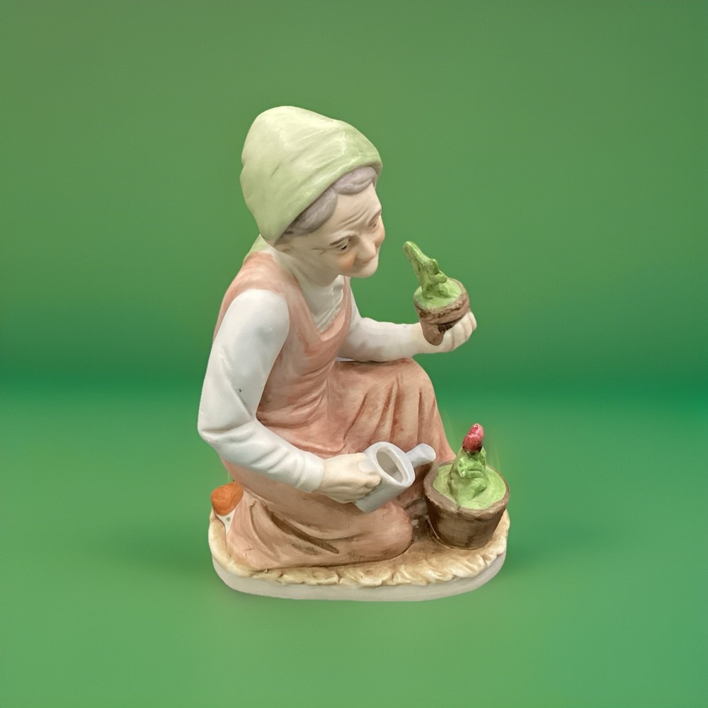 Vtg Old Lady Gardening Figurine - Garden Decor Gift - 7" Tall Japan Collectible